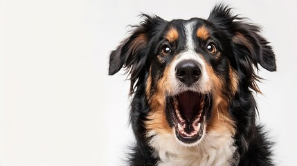 Black Tricolor Australian Shepherd panting mouth open and looking at the camera isolated on white : Generative AI