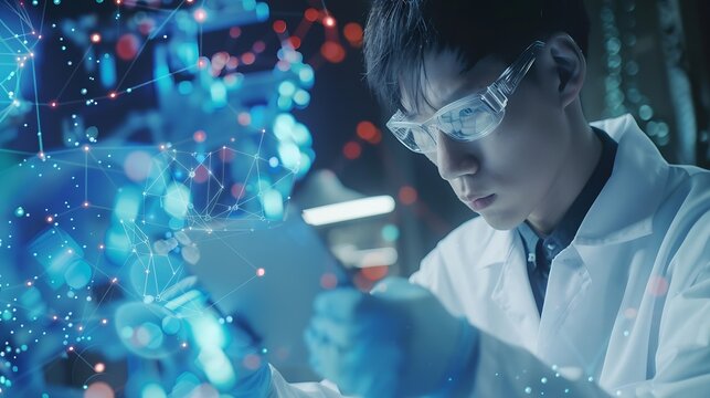 Tablet planning and scientist with digital innovation data and reading in laboratory Asian man doctor and information technology for futuristic medical research with pharma healthcare  : Generative AI