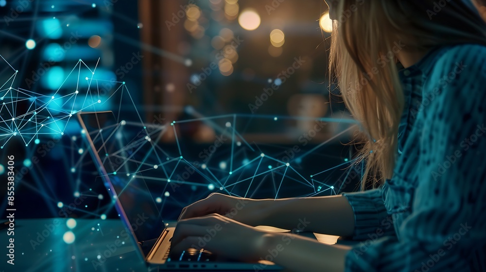 Poster Digital technology internet network connection digital marketing IoT internet of things Woman using mobile phone and laptop computer connecting the internet technology background cloud : Generative AI