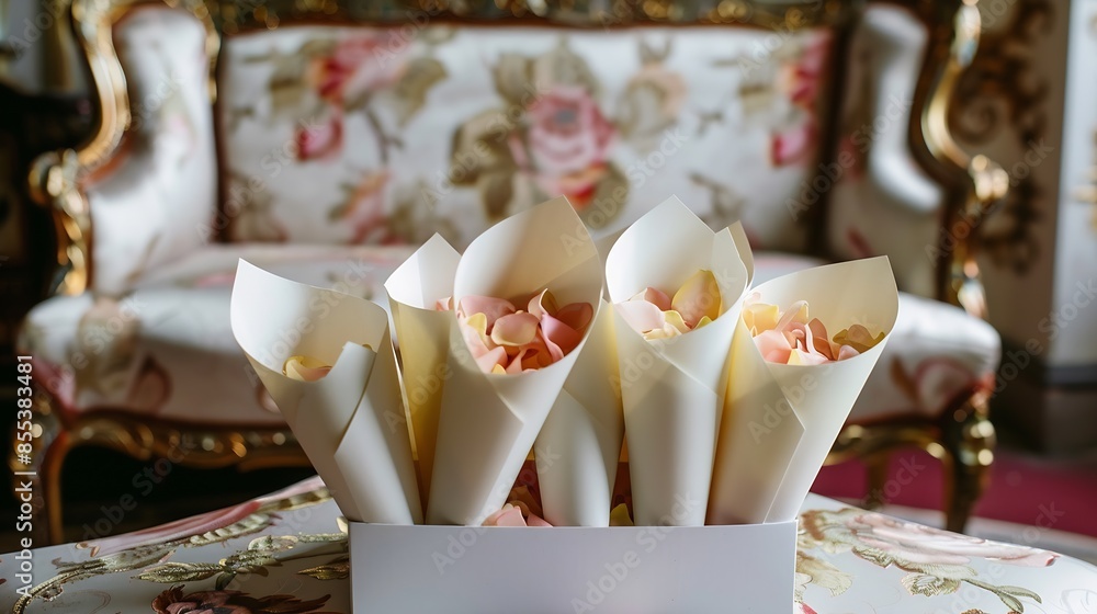 Wall mural valmiera latvia august 19 2023 a box of white paper cones filled with flower petals placed on an orn