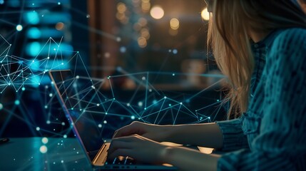 Digital technology internet network connection digital marketing IoT internet of things Woman using mobile phone and laptop computer connecting the internet technology background cloud : Generative AI