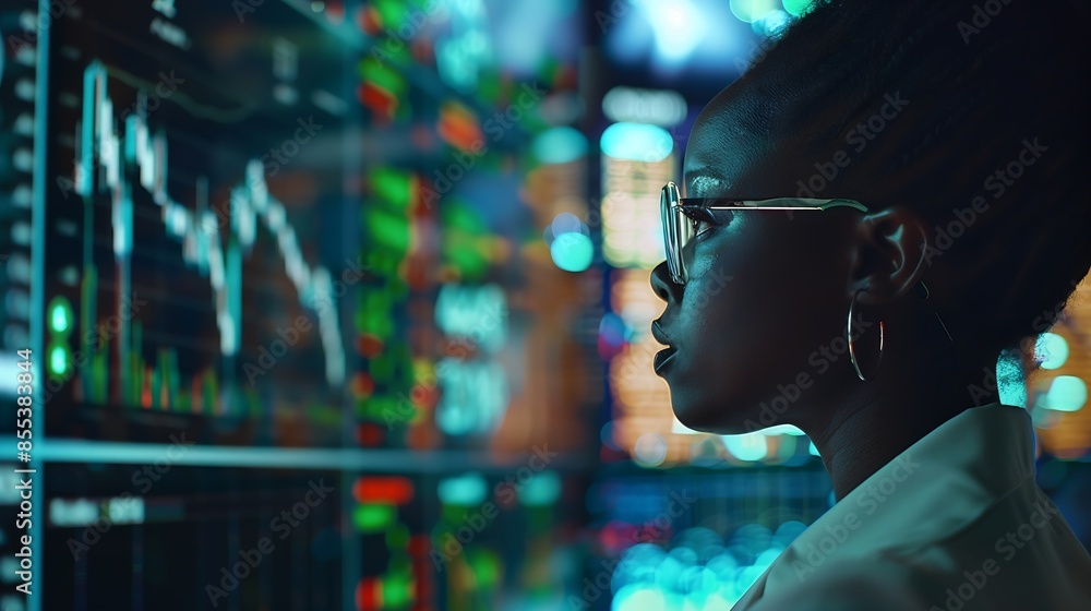 Poster Computer data hologram hud or woman review finance chart stock market database or futuristic night overlay Forex investment dashboard web ecommerce or African trader trading NFT or bit : Generative AI