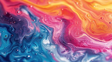 Close-up of vibrant, colorful abstract paint swirls with small droplets, creating a dynamic and mesmerizing visual effect.