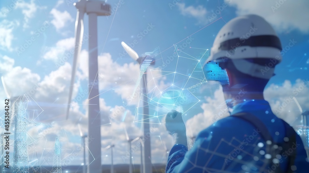 Leinwandbilder Engineers use AI artificial intelligence to inspect wind turbines and analyze the data of the electricity generated using hologram HUD Clean energy technology and renewable energy : Generative AI