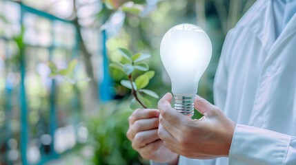 Engineer expert in renewable and clean energy holding energy saving light bulb : Generative AI