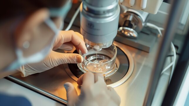 Real process of female embryologist assisted reproductive technologies fertilization vet examining sample artificial insemination infertility treatment in embryology laboratory : Generative AI