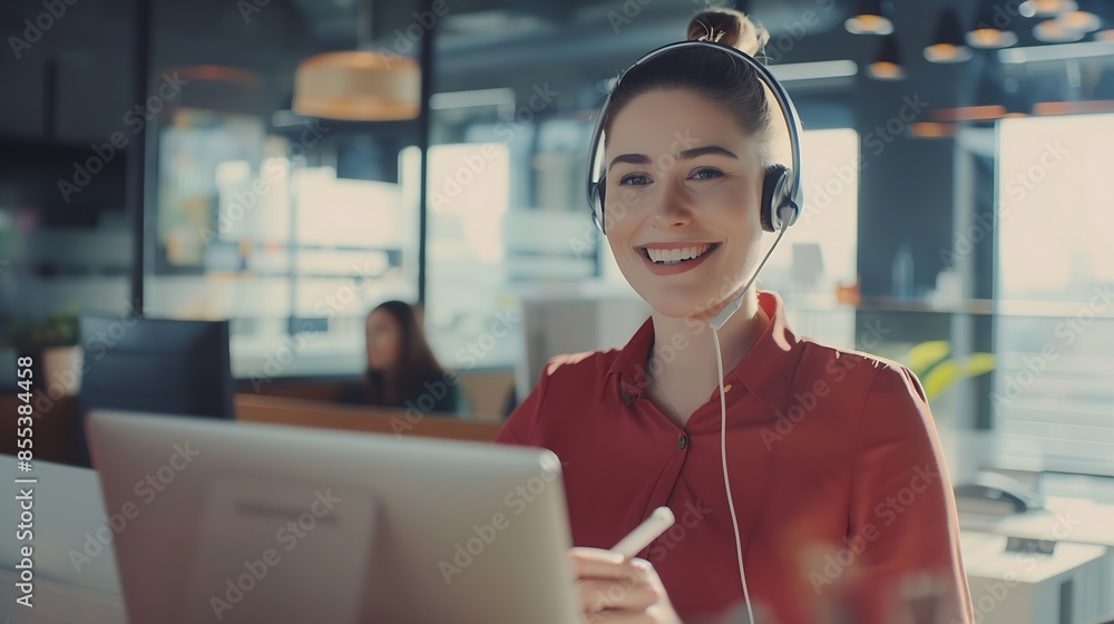 Poster Smiling caucasian business woman with headset working on a laptop in a call center on the line Happy female working in a busy customer service department and taking notes while talking : Generative AI
