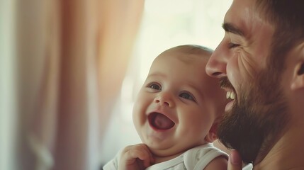 happy young father have fun with cute sweet little baby in arms paternal bond love care nurture of children concepts : Generative AI