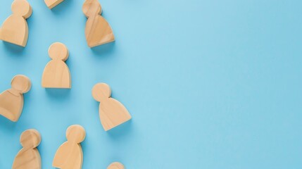 Business process organization and optimization Scheme with wooden figures on light blue background top view : Generative AI