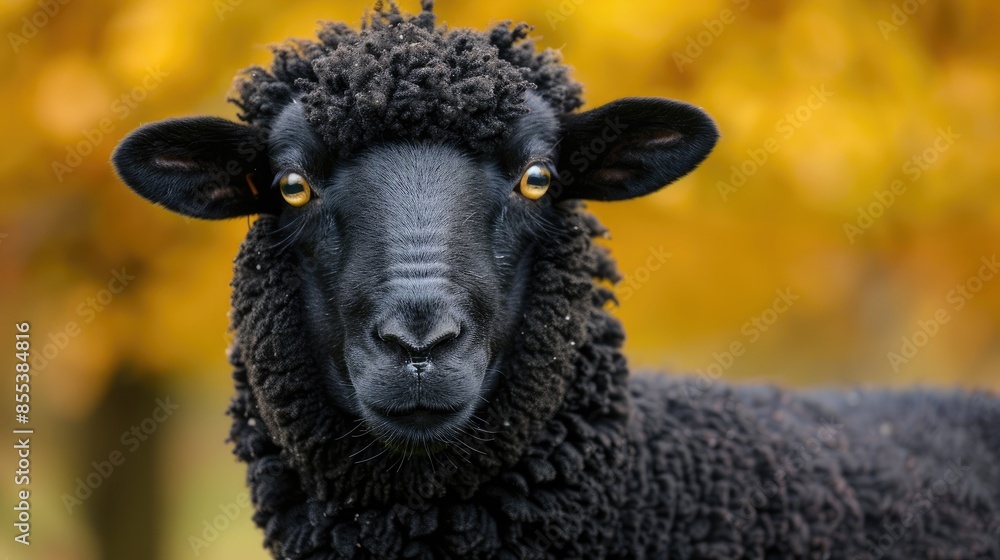 Poster a black sheep with a fluffy mane and a curious look on its face. the sheep is looking directly at th