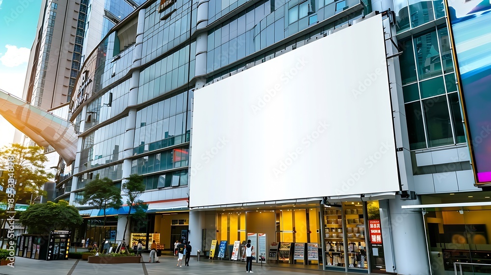Poster Mock up white large LED display horizontal billboard on shopping mall building clipping path for mockup : Generative AI