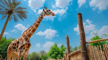 Giraffe Al Ain Zoo natural beauty animals scenery Great Views blue sky and clouds trees and plant flowers Green background wallpaper HD natural environment earth winning New picture tr : Generative AI