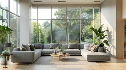Fototapeta premium Interior of light living room with grey sofas coffee table and large window : Generative AI