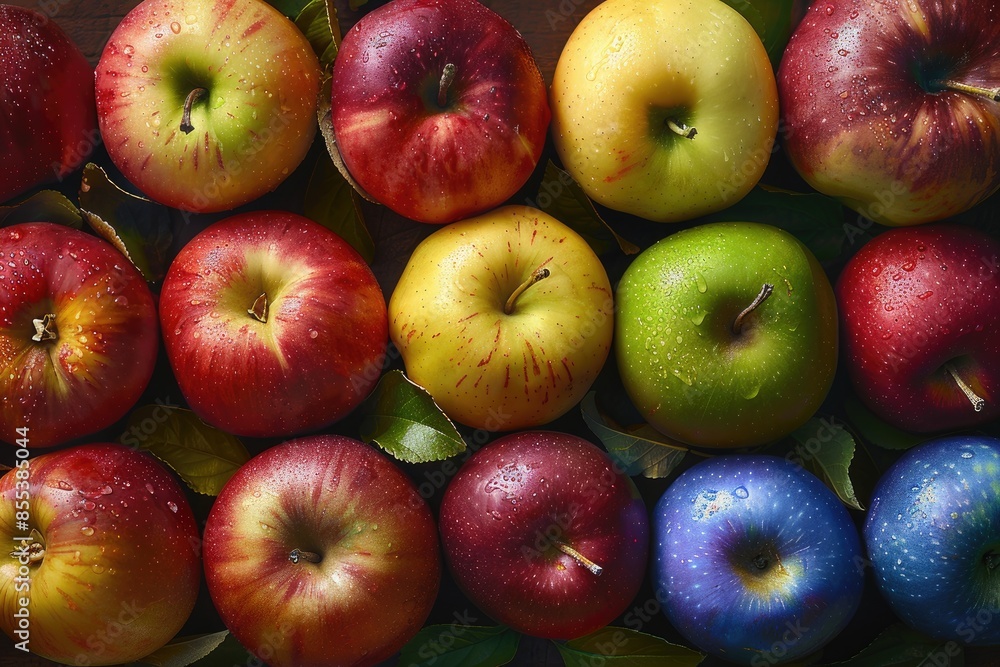 Poster a colorful assortment of apples are displayed on a table. the apples are of various colors, includin