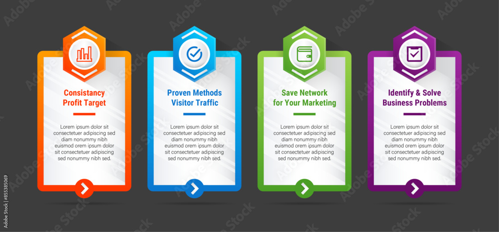 Poster four step infographic design template use vertical rectangle layout background. circle and hexagon e