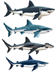 Great White Shark, Tiger Shark, Hammerhead Shark, Mako Shark
