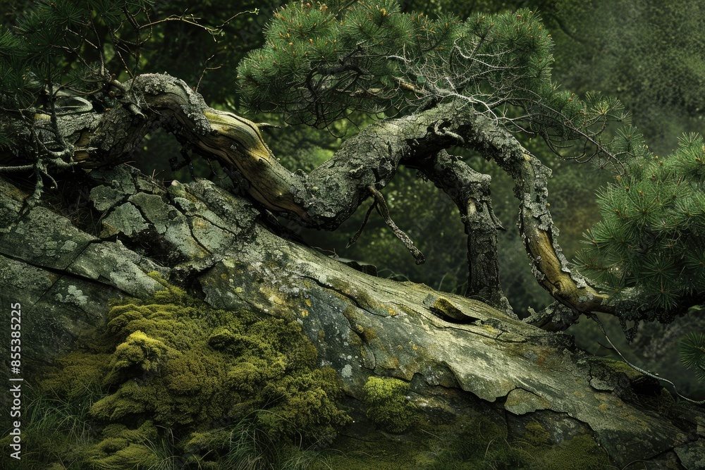 Aufkleber a large tree trunk is leaning on a rock. the trunk is covered in moss and has a rough texture. the i