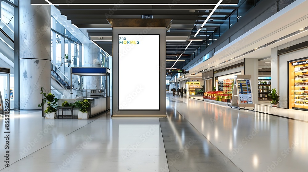 Aufkleber sign and billboard mockup at duty free shop in departure terminal to promote your business or organi