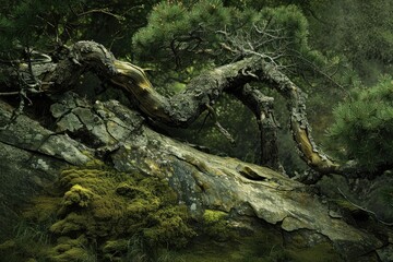A large tree trunk is leaning on a rock. The trunk is covered in moss and has a rough texture. The image has a moody and natural feel, with the tree and rock creating a sense of solitude and isolation