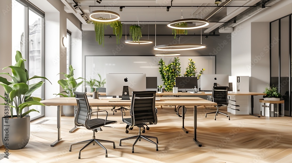 Aufkleber modern office interior with sleek chairs and minimalist desks creates a bright and uncluttered works