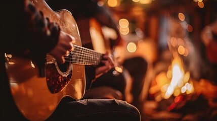 Obraz premium Close-up of a person playing an acoustic guitar by a cozy campfire, surrounded by a warm and intimate atmosphere.