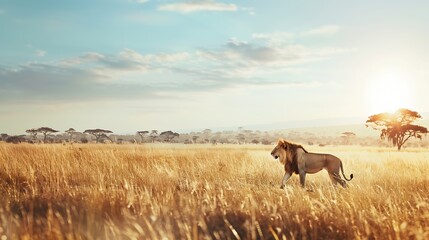 A beautiful male leon in a sunny morning in the savannah Kenya Africa : Generative AI