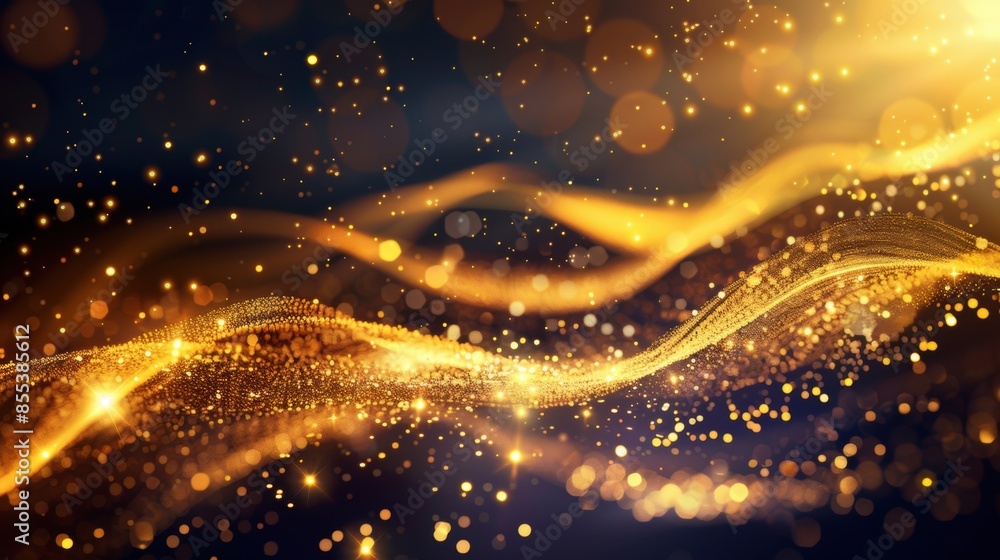 Aufkleber golden waves of sparkling light with rich bokeh effects, creating an elegant and dynamic abstract ba