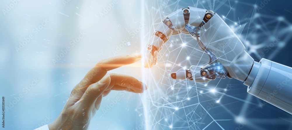 Aufkleber human and robotic hands connecting in digital world with swirling data code background
