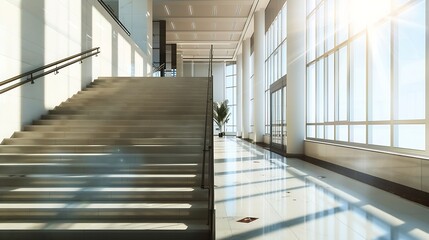 Obraz premium A wide staircase along the large windows in an office building Modern interior of the lobby of an office building with large spacious windows Illuminated long corridor in a modern busi : Generative AI