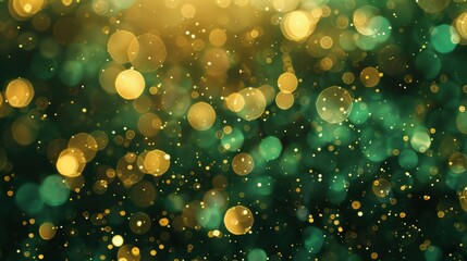 Floating green and gold confetti with bokeh lights, creating a festive and celebratory atmosphere for parties and celebrations.