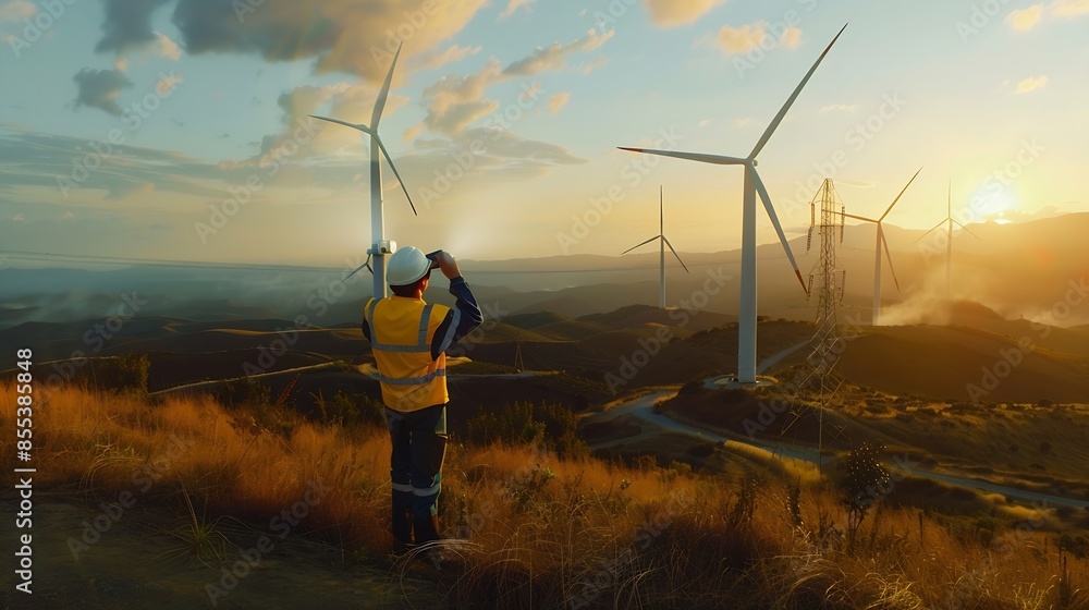 Aufkleber Engineers use AI artificial intelligence to inspect wind turbines and analyze the data of the electricity generated using hologram HUD Clean energy technology and renewable energy : Generative AI