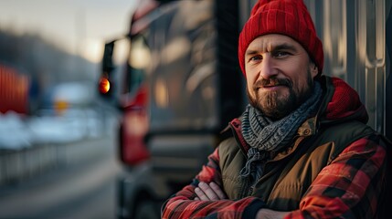 A man in a red hat and a green vest stands in front of a truck. He is smiling and he is proud of his work