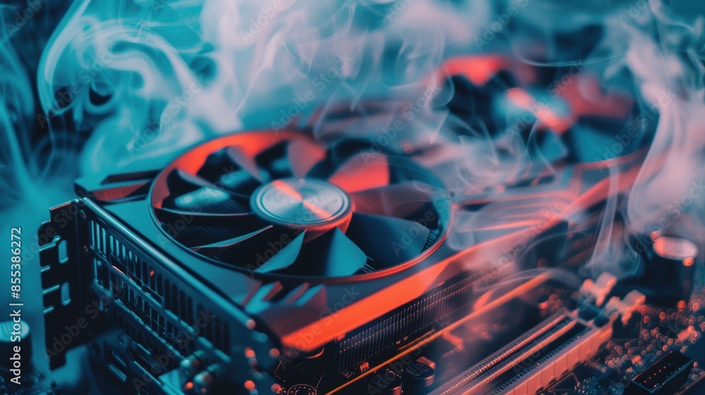 Poster close-up of a powerful graphics card with smoke effect, highlighting modern gaming and computer hard