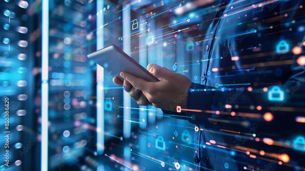 Poster Data science digital technology internet global network Computer programmer using digital tablet with data center and big data management innovation technology background software deve : Generative AI