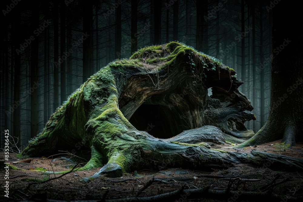 Poster a large tree trunk with moss growing on it. the trunk is surrounded by a small hole, and the moss is