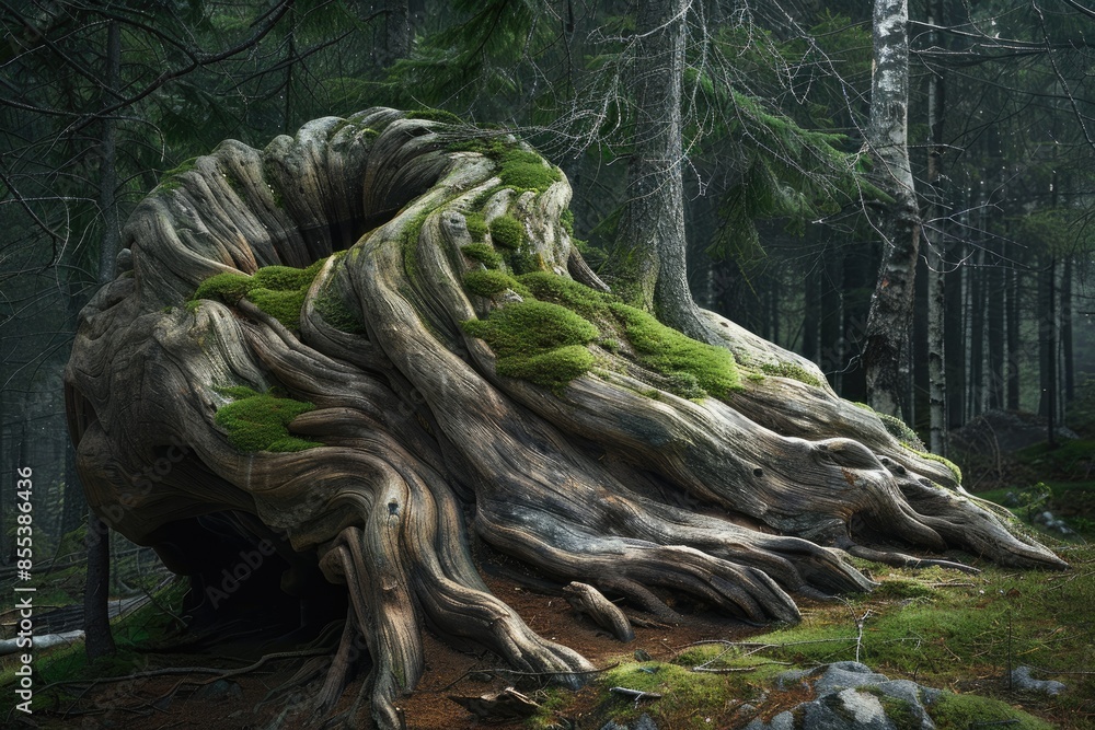 Aufkleber a large tree trunk with moss growing on it. the trunk is twisted and gnarled, giving it a unique and