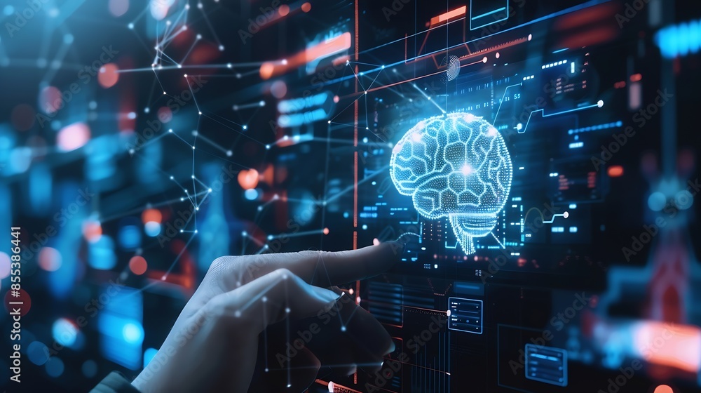 Aufkleber The person showing AI technology that connects information to various systems concepts management digital transformation Internet of Things Big Data and Business Processes Automated Op : Generative AI
