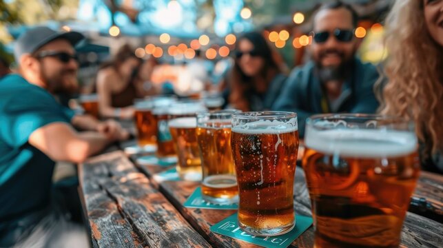 Vibrant scene of beer lovers gathering at an outdoor craft beer festival