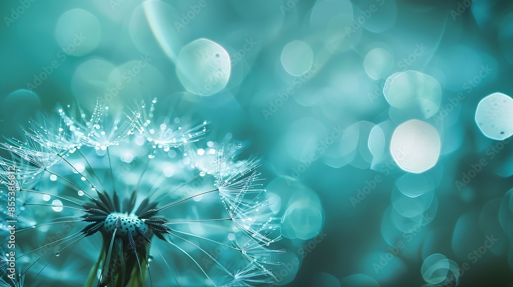 Aufkleber Beautiful shiny dew water drop on dandelion seed in nature macro Soft selective focus sparkling bokeh Dark blue green background : Generative AI