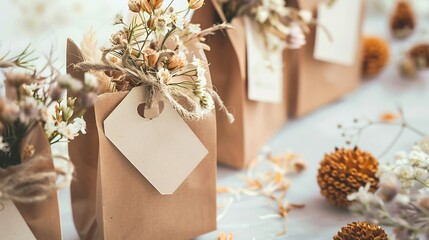 Wedding favors packaging in craft bags with custom label and dry flowers decoration ecological party diy handmade souvenirs in natural color : Generative AI