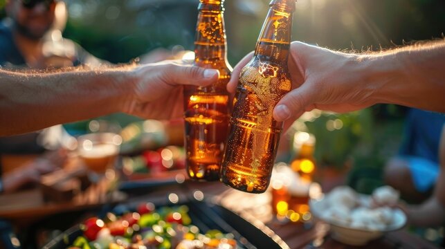 Two friends clinking their glass bottles of beer and celebrating together at an outdoor backyard barbecue party  The image captures the festive joyous atmosphere of friends gathering relaxing