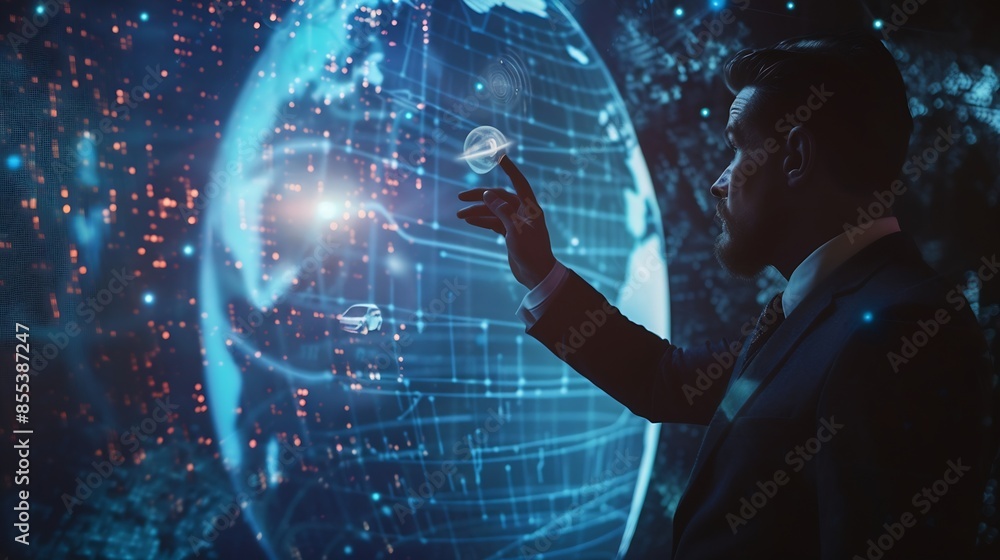 Aufkleber Ai tech businessman show virtual graphic Global Internet connect robot Chat with AI Artificial Intelligence Using command prompt for generates something Futuristic technology transform : Generative AI