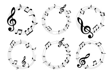 Music notes collection, round musical elements, isolated vector illustration.