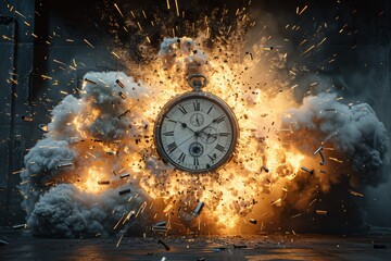 A fiery backdrop sets the scene for an old clock engulfed in flames, while a dynamite explosive with a countdown timer displays one second to detonation.