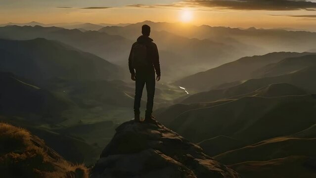 a man stand sunrise in the mountains time and rising