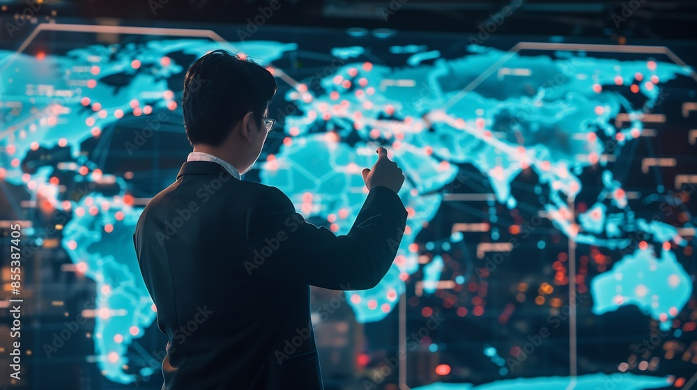 Leinwandbilder Tech driven Global Business Businessman embraces technology as he analyzes big data for business intelligence composition of world map digital links emphasizes interconnectedness of gl : Generative AI