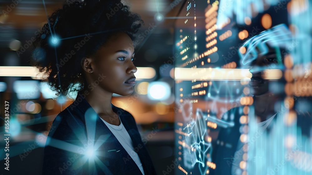 Poster Black woman working in office and communication network concept ICT Information Communication Technology Cloud computing System engineering : Generative AI