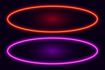 Neon oval frame, red and purple sign on dark background, vector illustration.