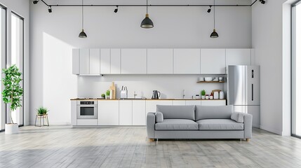 Beautiful studio apartment which has living room kitchen and same area with blank wall Home products background Backdrop Indoors Interior : Generative AI