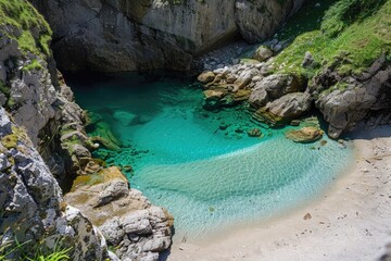 A beautiful blue pool is surrounded by rocks and grass. The water is calm and clear, and the rocks create a natural barrier around the pool. The scene is peaceful and serene